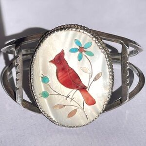 Vintage Native American Cardinal Inlay 925 Cuff Bracelet MOP Coral Turquoise